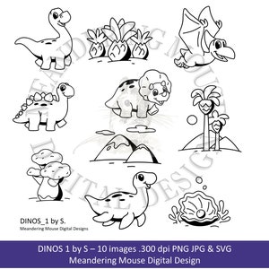 DINOSAUR - Digital Stamp - Outline, hand drawn dinosaurs, prehistoric plants, cute tetradactyl, t rex commercial or personal use, jpg, png