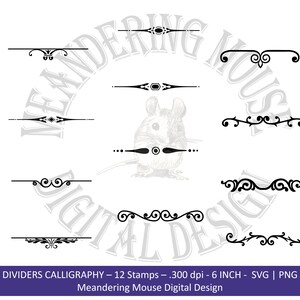Könnte beinhalten: Schwarze Kalligraphie-Trenner in verschiedenen Zierdesigns. Das Bild enthält 12 Stempel, mit einer Maus-Illustration in der Mitte. Der Text unten lautet "DIVIDERS CALLIGRAPHY - 12 Stamps - 15 cm - SVG | PNG".