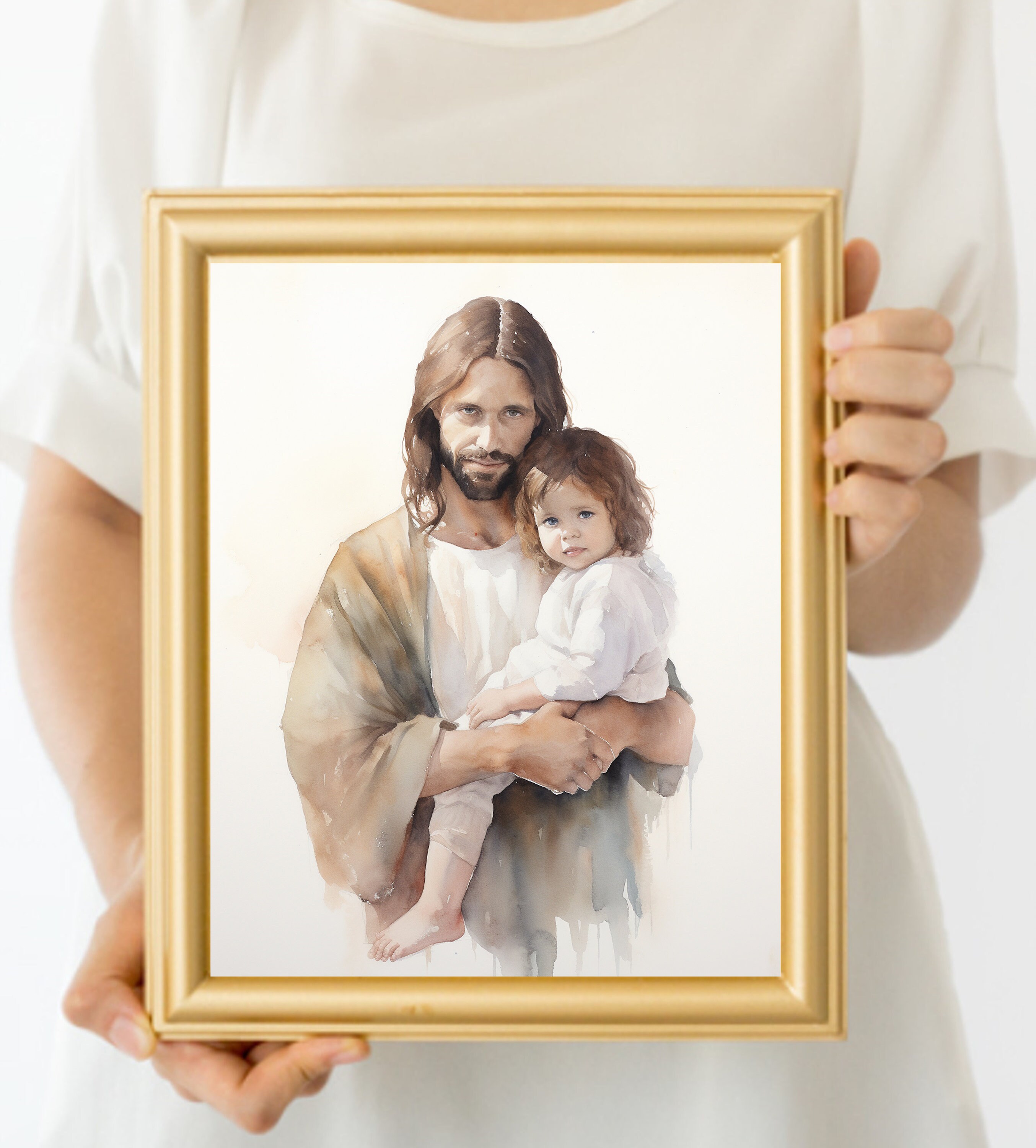 JESUS CHRIST Jesus Protects, Watercolor Image of Jesus Holding a Child ...