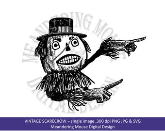 VINTAGE SCARECROW - Digi stamp, art print (Scarecrow pointing, maybe at address on your Halloween party invitations? strange, svg, png, jpg)