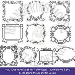 Op de afbeelding: Set van tien zwart-witte omtrekframes met sierlijke ontwerpen. De frames zijn in verschillende vormen, waaronder vierkant, rond, ovaal en rechthoekig.