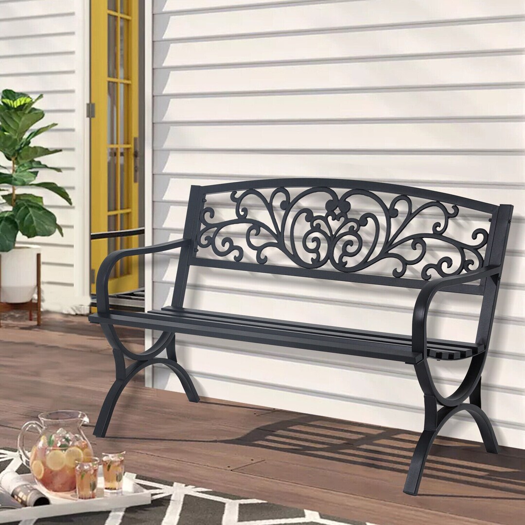 PHI VILLA Outdoor Metal Bench | Red Steel Garden Patio Chair | 600 Lb Capacity