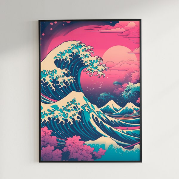 Große Welle vor Kanagawa bei Sonnenuntergang, digitaler Download, Bunte druckbare Wandkunst, antik japanisch