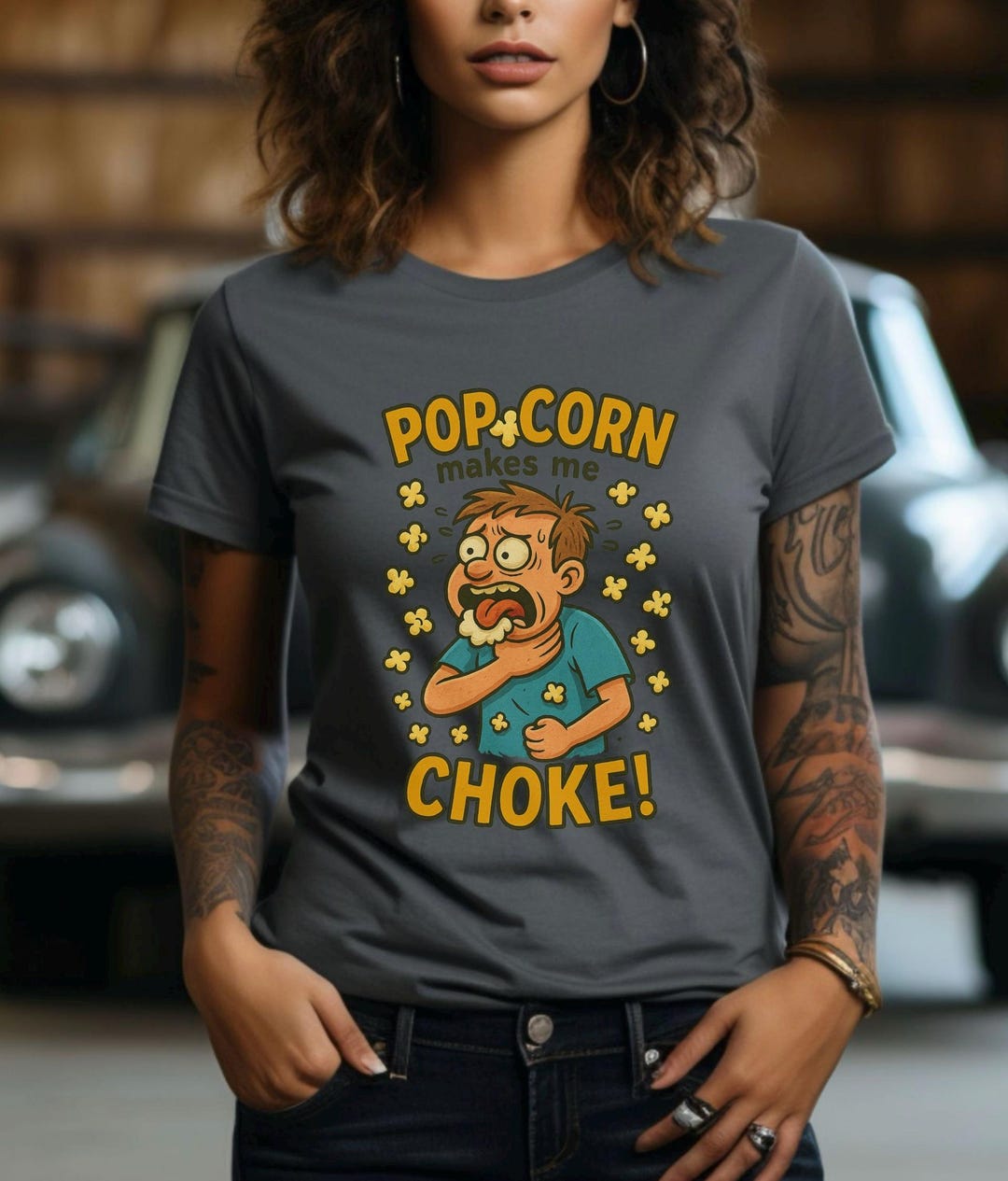 Popcorn Makes Me Choke Funny Tee Snack Struggles Dark Humor Shirt for ...