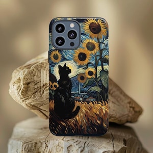 iPhone Case Black Cat Van Gogh Tough Cases for iPhone 16 Pro Max 15 Plus, 14, 13, 12, 11, 8, XR, XS Van Gogh Painting Starry Night Sunflower
