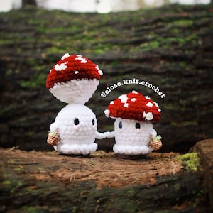 May include: Two crocheted mushroom plushies with white bodies and red and white spotted caps. The mushrooms are holding small baskets and are standing on a tree trunk. The text "@close.knit.crochet" is visible in the image.