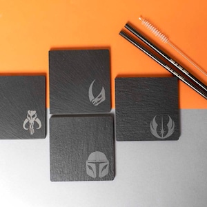 Mandalorian Slate Coaster Set – 4 Slate Coasters Star Wars Theme – This is the Way - Natural Slate Coasters Engraved Mandalorian Theme