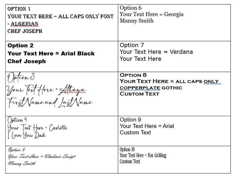 Puede incluir: Un gr&aacute;fico blanco con diez opciones de texto para dise&ntilde;os personalizados. Cada opci&oacute;n muestra un estilo de fuente diferente, incluyendo Arial Black, Alhaya y Copperplate Gothic. Los ejemplos de texto incluyen nombres y frases como "Chef Joseph" e "I Love You Dad."