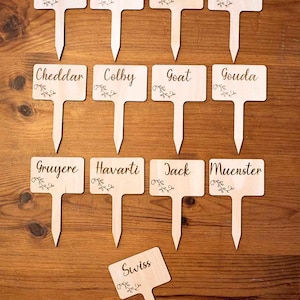 Set of 13 Engraved Wooden Cheese Labels - Custom Cheese Markers - Charcuterie Board Cheese Label