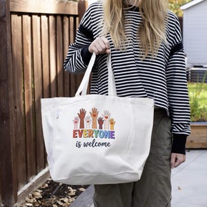 Bolso de lona, ​​bolso "Todos son bienvenidos", bolsa de compras reutilizable, bolso para el mercado de agricultores, regalo inclusivo, bolso para el día a día.