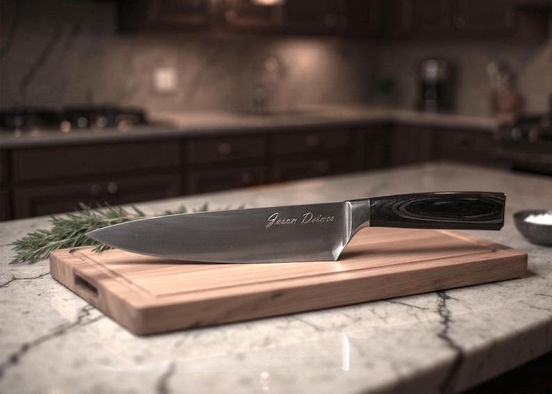 Puede incluir: Un cuchillo de chef de acero inoxidable con mango de madera oscura descansa sobre una tabla de cortar de madera. La hoja tiene grabado el nombre "Jason Deines". Una ramita de romero est&aacute; junto a la tabla, lo que sugiere uso culinario.