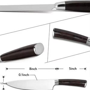 Puede incluir: Un cuchillo de cocina de acero inoxidable con mango de madera oscura. La hoja mide 33 cm de largo, 4,3 cm de ancho y 0,25 cm de grosor. El mango mide 20 cm de largo. El texto "Kitchen Knife" est&aacute; en la parte superior.