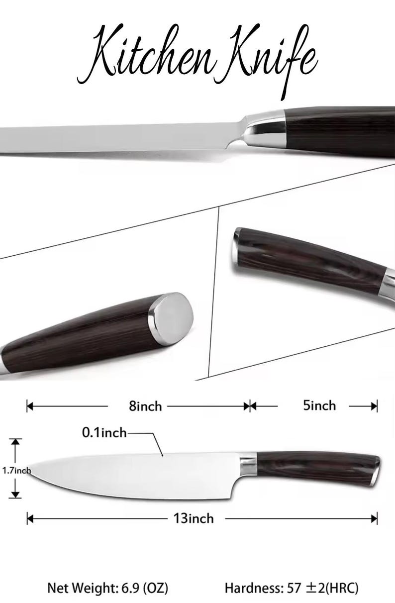 Puede incluir: Un cuchillo de cocina de acero inoxidable con mango de madera oscura. La hoja mide 33 cm de largo, 4,3 cm de ancho y 0,25 cm de grosor. El mango mide 20 cm de largo. El texto "Kitchen Knife" est&aacute; en la parte superior.