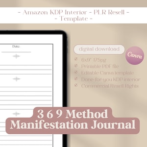 Puede incluir: Una descarga digital de un diario imprimible de 17,8 cm x 22,9 cm, de 175 páginas, con un esquema de color rosa y blanco. El diario se titula "369 Method Manifestation Journal" e incluye una sección de fecha y páginas rayadas. El diario está diseñado para su uso con la aplicación Canva e incluye derechos de reventa comercial.