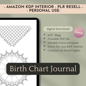Carta natal en blanco imprimible de astrología y hoja de trucos, plantilla Canva Amazon KDP, licencia de reventa comercial PDF PLR, contenido bajo