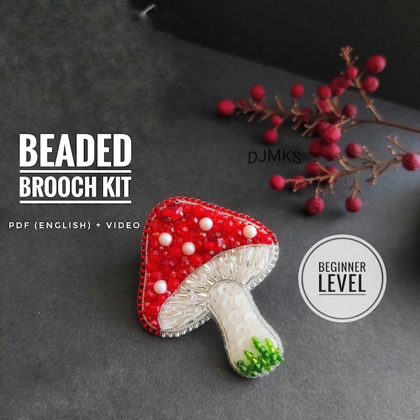 Beaded mushroom brooch kit, nature jewelry kit, make your own jewelry kit, nature lover gifts, mushroom brooch