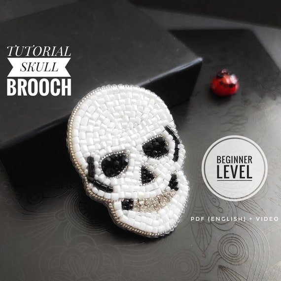PDF Tutorial Halloween Skull Brooch, Ghost jewelry halloween decor, gothic jewelry kits, Embroidery Skull pattern