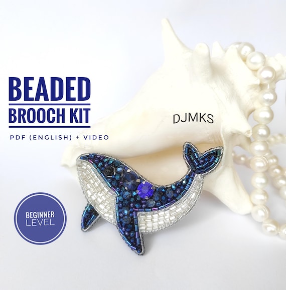 Beadwork Kit for Creating Whale Brooch: Ocean Animal Gift, Bead Embroidery Kit, Beginner Embroidery Bead Kit