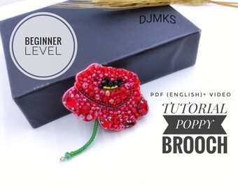 PDF video Tutorial Poppy Brooch, Beaded flower tutorial, do it yourself gifts, floral gifts, flower brooch gift