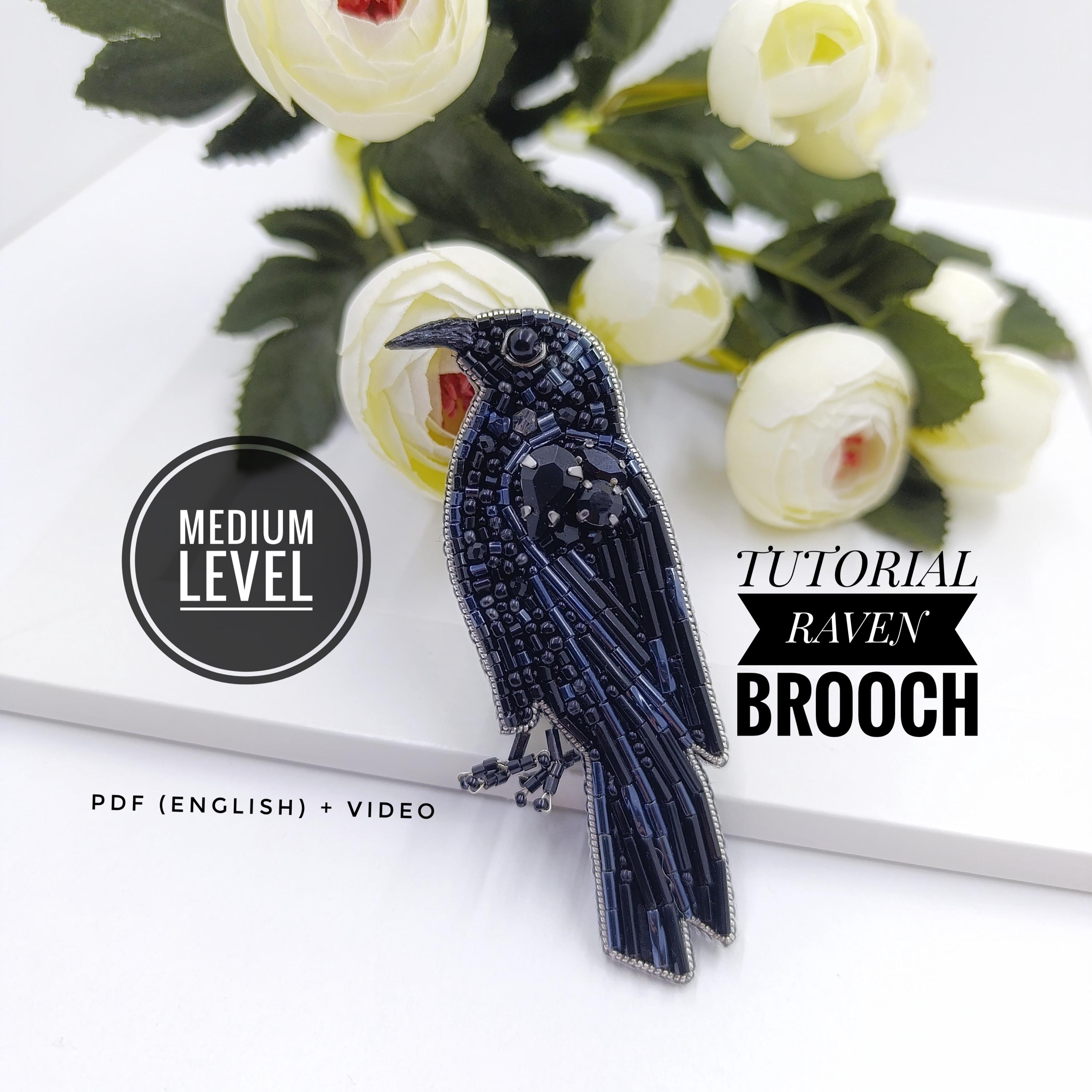 DIY PDF Tutorial of Raven brooch,  Embroidery Crow pattern, beaded bird tutorial, bead patterns for adults, Black Gothic gifts for women