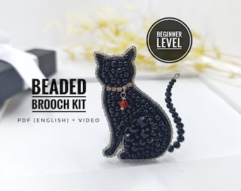 Kralenset voor het maken van kattenbroche: moedercadeau huisdier, cadeau kattenliefhebber, borduurkralensets, kralenset beginners, doe-het-zelfkits, zwarte kat