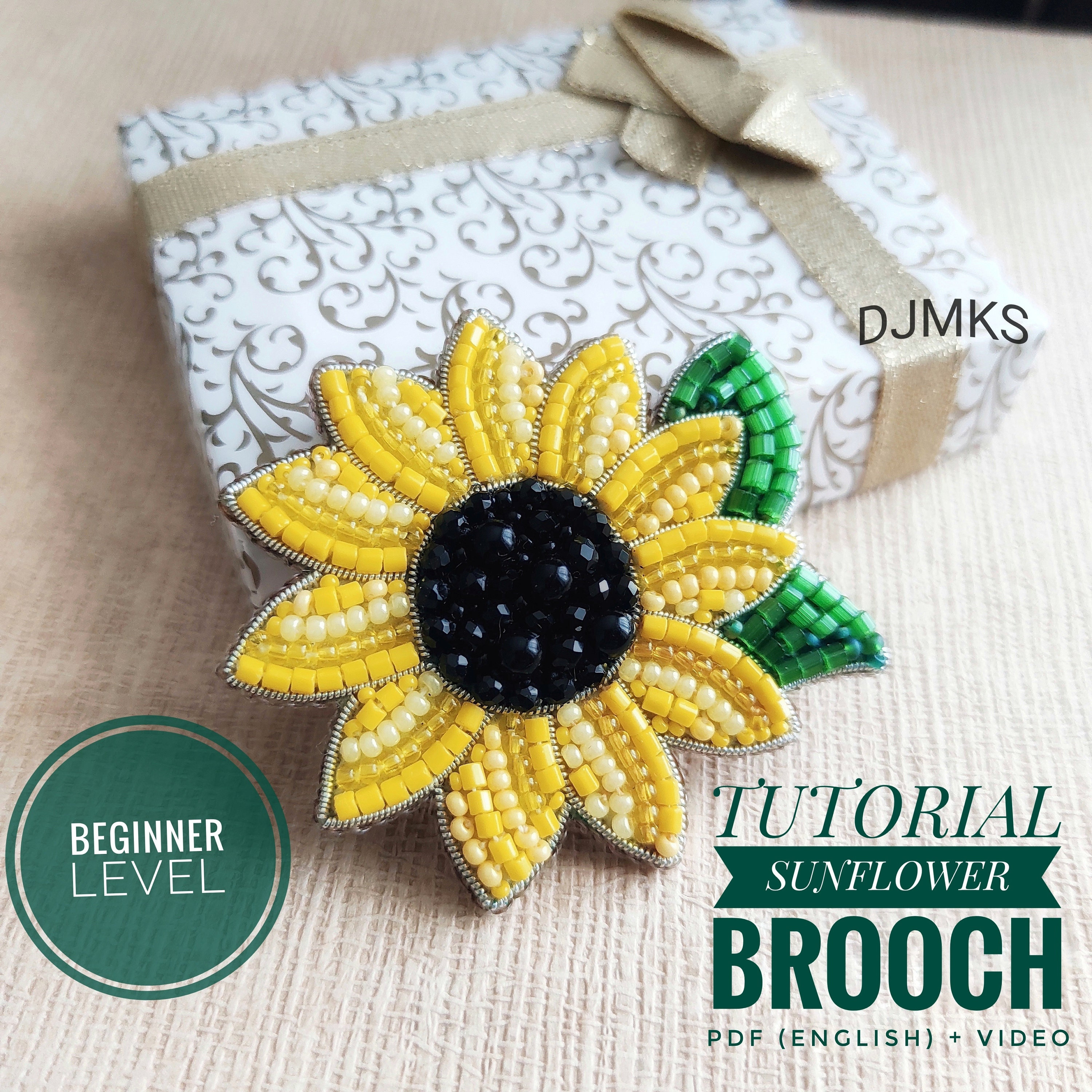 Bead embroidery sunflower brooch Tutorial, brooch tutorial for women, wildflower lover gift, bead flower tutorial