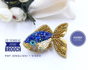 DIY PDF Tutorial of fish brooch, embroidery ocean animal pattern, bead embroidery pattern, beadwork beginner tutorial, ocean animal jewelry