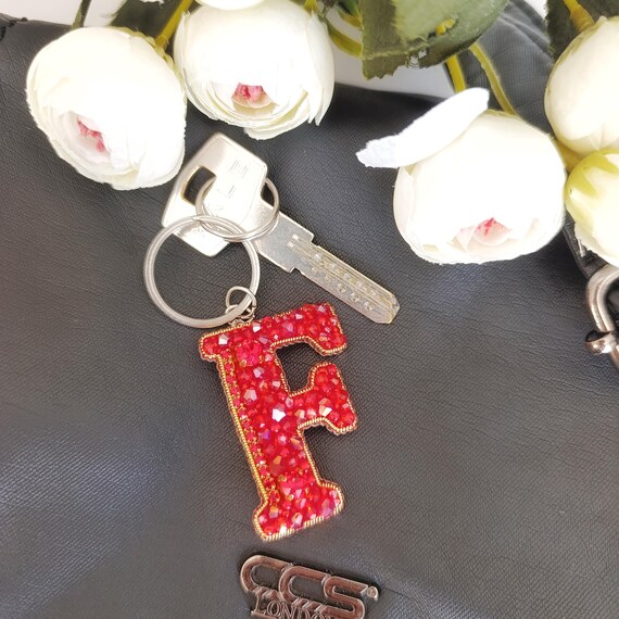 Letter F Keychain, Bag Charm Women Gift, Seed Bead Keychain