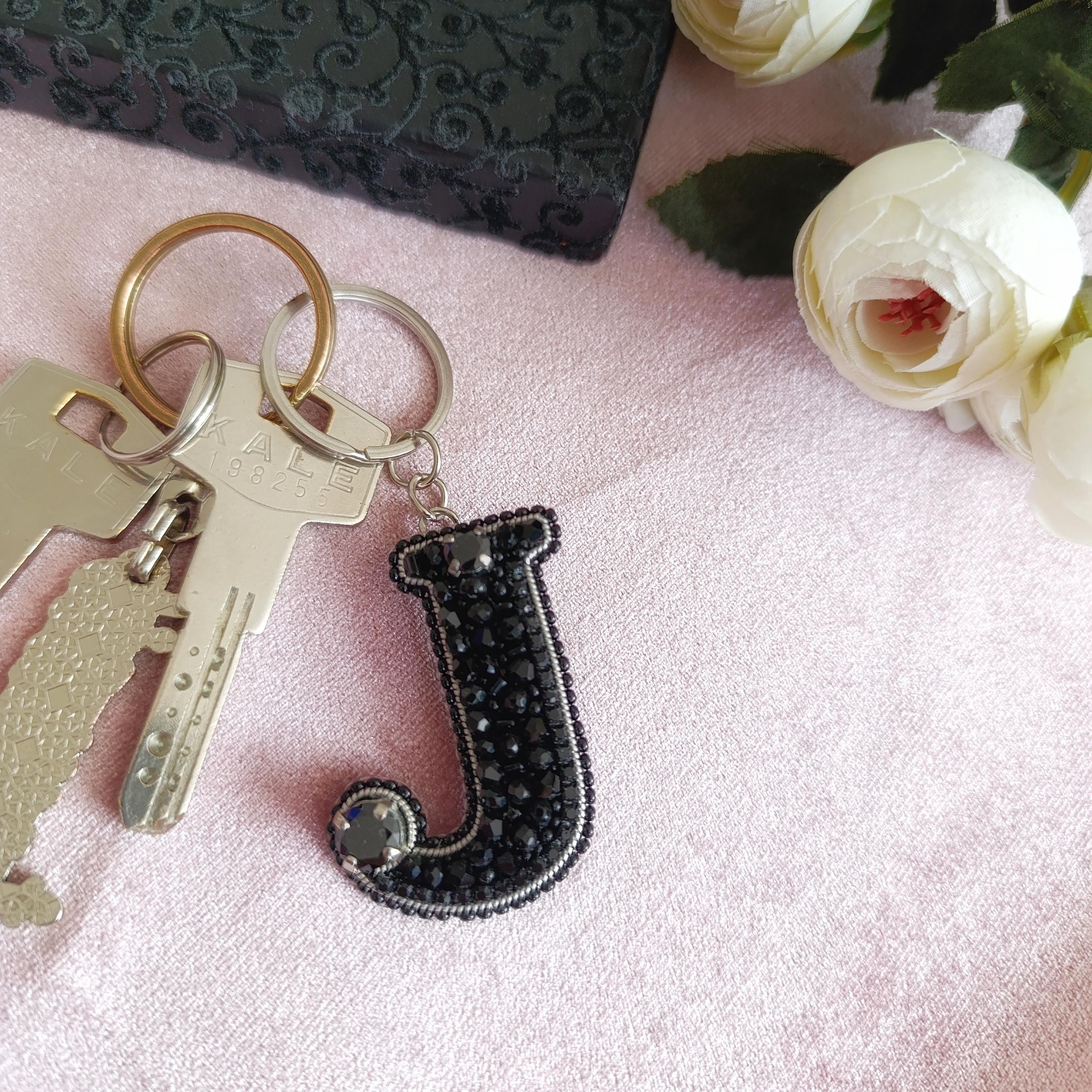 Embroidery Beaded Letter J, Custom Car Charm, Memory Friend Gift
