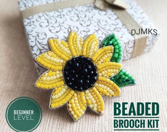 DIY Sunflower Beaded Brooch Kit: Beginner Embroidery Bead Kit Flower Brooch, make your own brooch pattern
