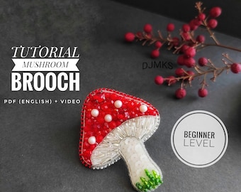 Beginner level bead mushroom brooch Tutorial, needle work and jewelry, craft kits for women, mushroom jewelry