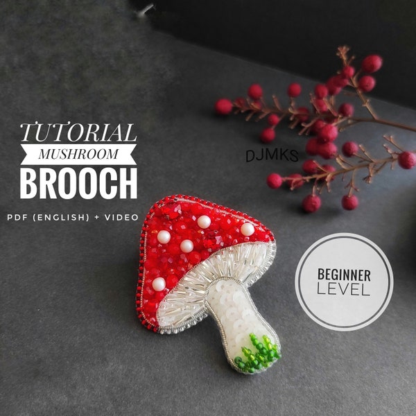 Beginner level bead mushroom brooch Tutorial, needle work and jewelry, craft kits for women, mushroom jewelry