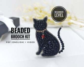 Beadwork kit for creating cat brooch, pet mom gift, cat lover gift, embroidery beads kits, beginner bead kit, do it yourself kits, black cat