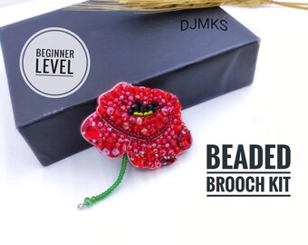 Poppy broche kralenset, bloemenborduurset, bloemensieraden kralenset, doe-het-zelfpakketten, doe-het-zelfcadeaus, doe-het-zelf bloemenbrocheset