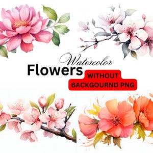 Pink Flowers Without background PNG, Watercolor Flower Clipart, Pink Flowers