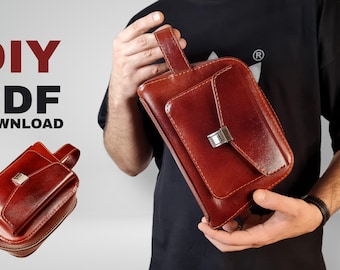 May include: DIY PDF DOWNLOAD text is displayed on a white background. A brown leather bag with a flap and a silver clasp is shown. The bag is being held by a person wearing a black t-shirt.