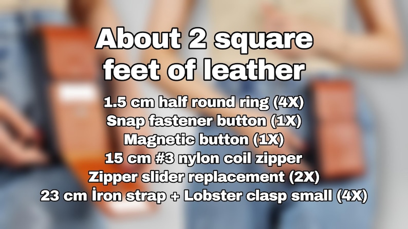 May include: Close-up of text listing the materials needed to make a leather project. The text reads "About 2 square feet of leather", "1.5 cm half round ring (4X)", "Snap fastener button (1X)", "Magnetic button (1X)", "15 cm #3 nylon coil zipper", "Zipper slider replacement (2X)", and "23 cm iron strap + Lobster clasp small (4X)".