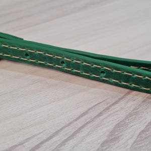 Może przedstawiać: Zbliżenie zielonej sk&oacute;rzanej obroży dla psa z kremowymi przeszyciami. Obroża ma srebrną metalową klamrę i jest umieszczona na jasnej powierzchni z usłojeniem drewna. Akcesorium dla zwierząt domowych.