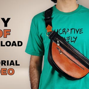 May include: A person wearing a green t-shirt with the text "Uncreative Lovely" printed on it. The person is wearing a brown and black leather fanny pack. The text "DIY PDF DOWNLOAD TUTORIAL VIDEO" is displayed on a beige background.