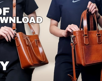 Puede incluir: Un bolso de mano de cuero marrón con una correa para el hombro. El bolso tiene un bolsillo frontal y un asa superior. El texto "PDF DOWNLOAD DIY" es visible en la imagen.