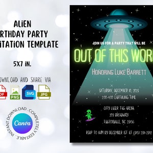 Peut inclure: Une invitation à une fête d'anniversaire sur le thème des extraterrestres, en noir et vert, avec un OVNI, des étoiles et le texte "Out of this World" en vert néon. L'invitation est pour la fête d'anniversaire de Luke Barrett le 10 décembre 2023, de 14h00 à 16h00 au City Laser Tag Arena à Fultonville, Caroline du Nord.