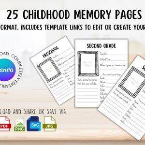 Childhood Memory Pages, Childhood Memory Box Pages, Memory Sheets, Milestone Pages, Childhood Milestones, Timeline Pages, Memory Pages