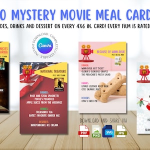 Dinner and a Movie Mystery Cards, Editable Dinner Templates, Instant Download, Rated G, Rated PG, Kids Movies Surprise Dinner Menus, Movies