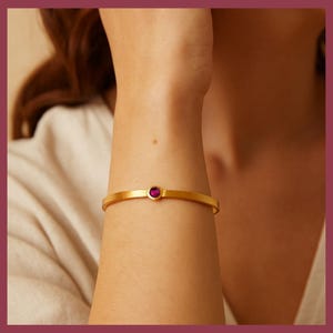 Gold Ruby Red Bangle, July Birthstone Bracelet, Boho Rock Jewellery, Polished Gold Cuff, Statement Red Stone Bracelet for Her