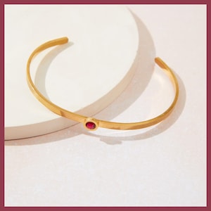 Gold Stainless Steel Ruby Red Bangle, July Birthstone Bracelet, Polished Gold Cuff, Minimalist Red Stone Jewellery Gift for Her