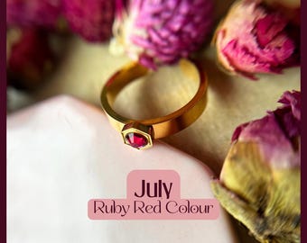 Gold July Birthstone Ring, Ruby Red Crystal, Handmade Jewelry