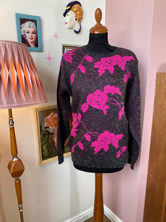 Grey and pink sparkly rose 1980s jumper size S/M … - image 2