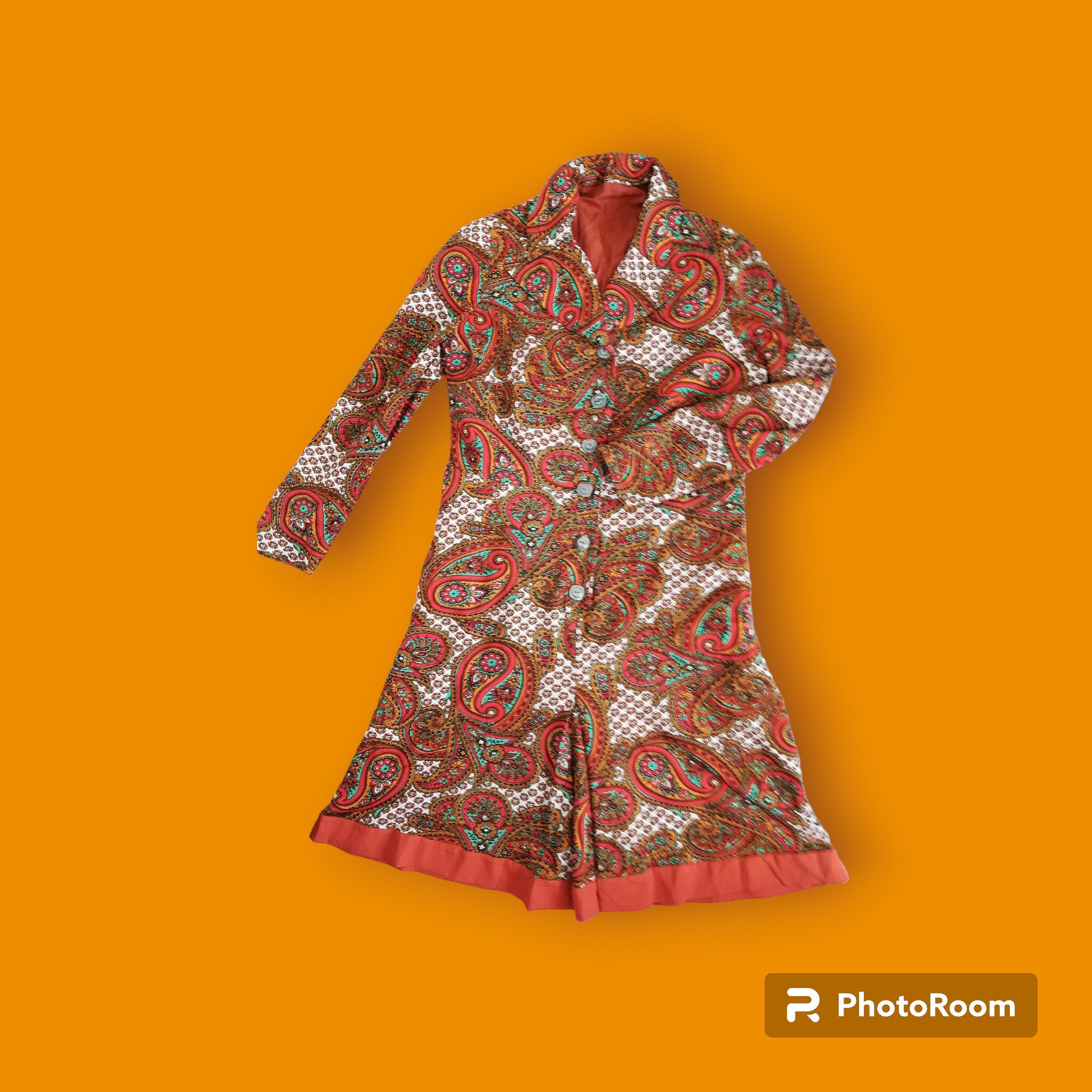 Psychedelic 60s 70s vintage paisley dress, size M/L, longsleeve shirt dress, orange and mint