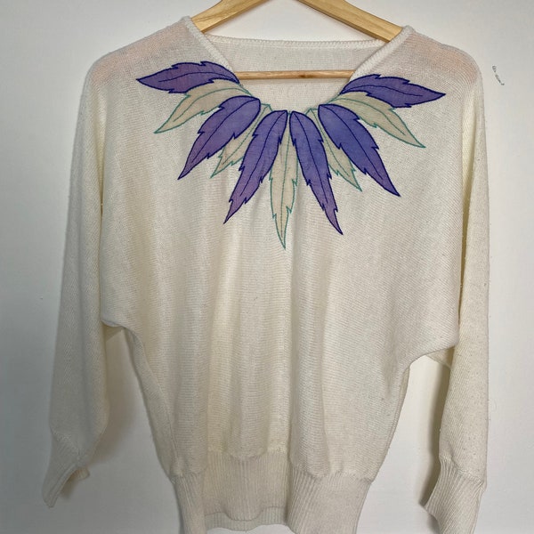 1980s white jumper with purple leaf collar design, UK 10/12