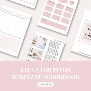Może przedstawiać: Różowo-biały zeszyt ćwiczeń zatytułowany "Elevator Pitch Template Workbook" i przyciskiem z napisem "Shop Now". Zeszyt został stworzony, aby pomóc firmom w tworzeniu skutecznych prezentacji elevator pitch.